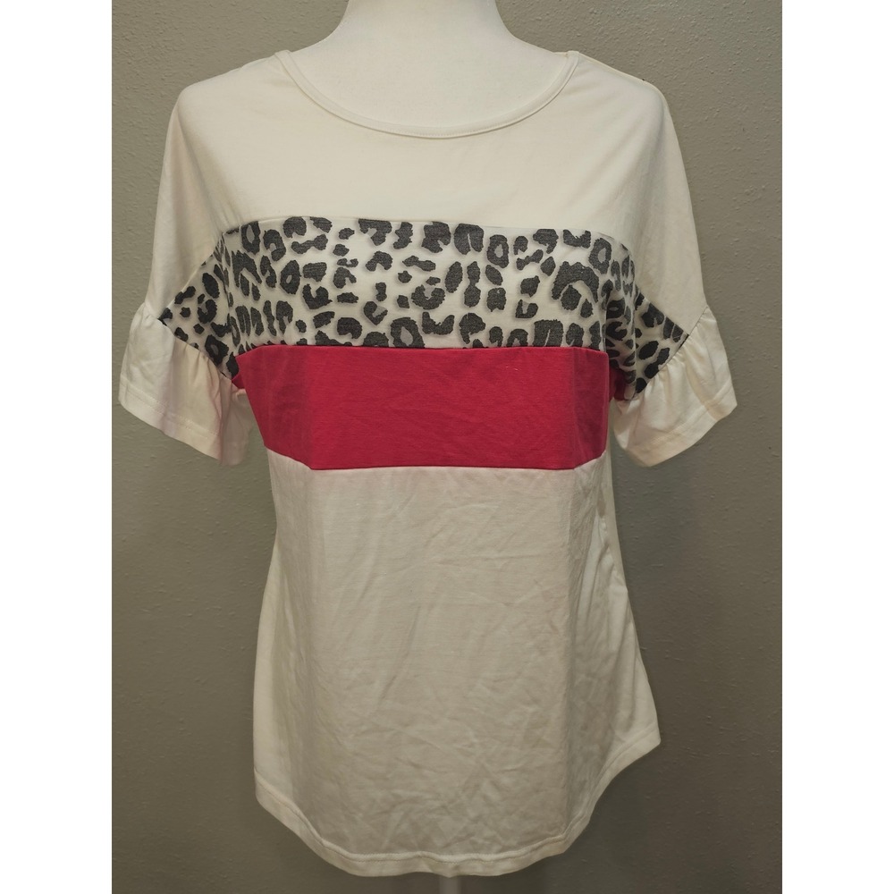 Womens White Leopard Print Colorblock Ruffle Sleeve T-Shirt Top Small